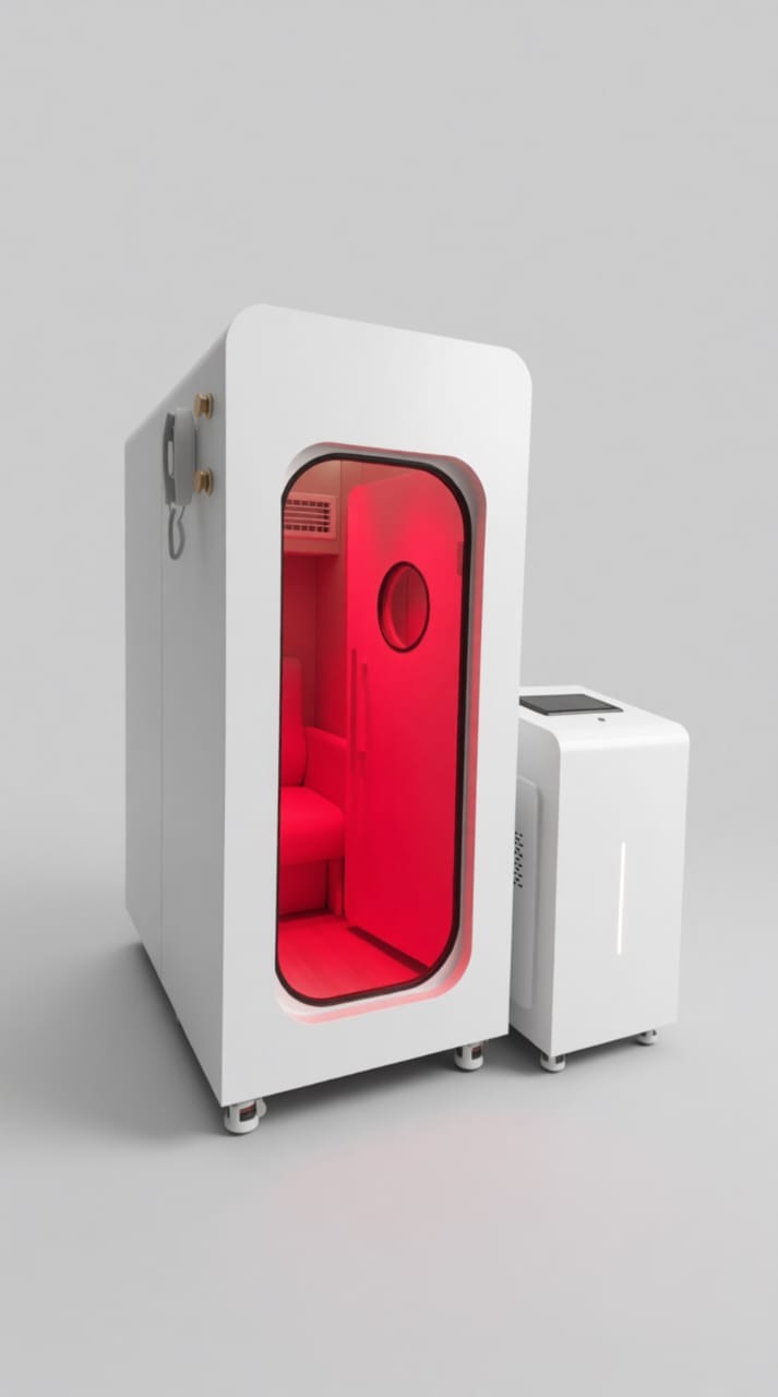 Atmos Solo cabin open and lit by full-spectrum infrared red light
